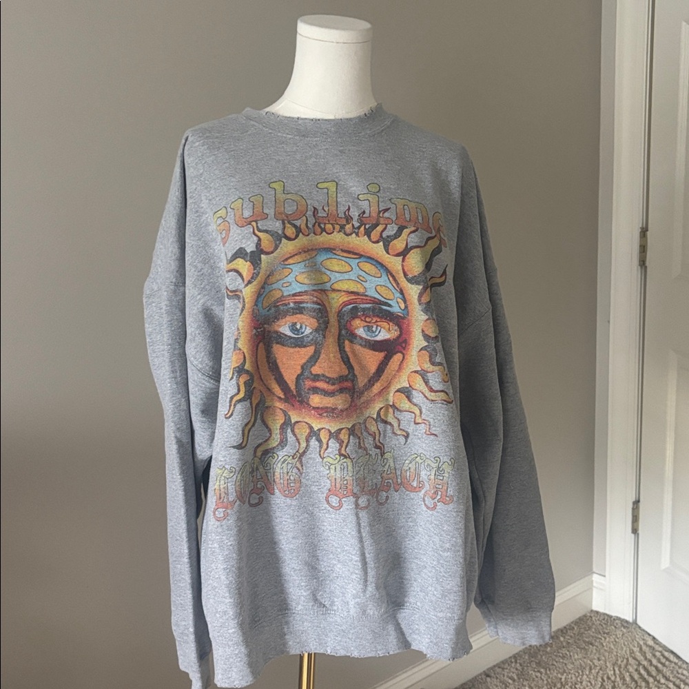 Gray Sublime Graphic Sweatshirt distressed design collar, waist band & sleeve